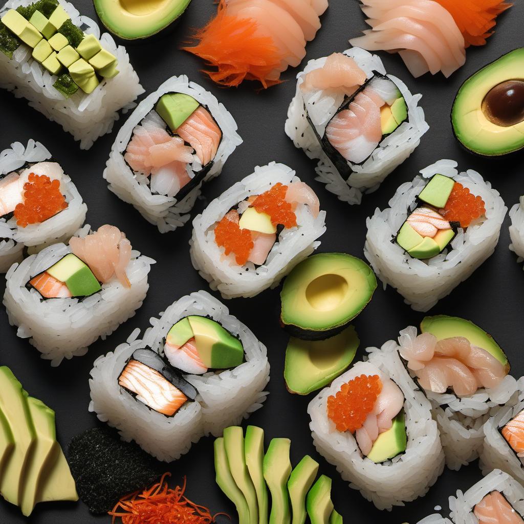 Items needed to answer the question, How do I eat a Sushi Burrito. Items include:  sushi_rice  raw_fish  veggies  nori_sheet  avocado  toppings