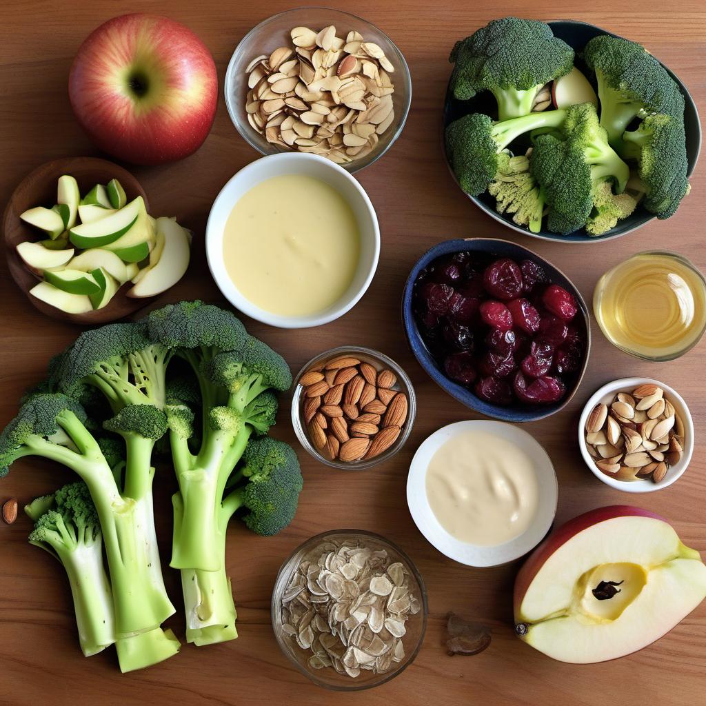 Items needed to answer the question, How do I jazz up Broccoli Stem Slaw. Items include:  Broccoli Stems  Mayonnaise  Dijon Mustard  Apple Cider Vinegar  Honey  Salt and Pepper  Toasted Almonds or Sunflower Seeds  Diced Apples, Dried Cranberries, or Thinly Sliced Grapes  Lemon Juice