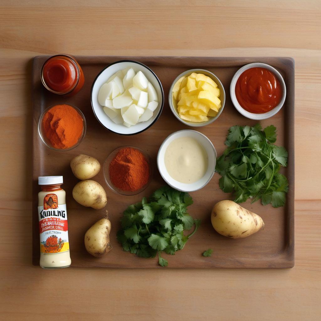 Items needed to answer the question, How do I make spicy buffalo potato skin chips. Items include:  Russet Potatoes  Butter  Hot Sauce  Garlic Powder  Onion Powder  Paprika  Salt  Fresh Cilantro or Parsley  Creamy Ranch Dressing