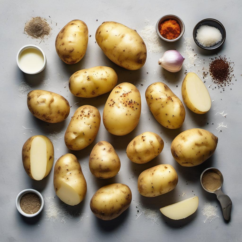 Items needed to answer the question, How do I bake Cheesy Potato Skin Chips. Items include:  Potatoes  Butter  Salt  Pepper  Garlic powder  Shredded cheese