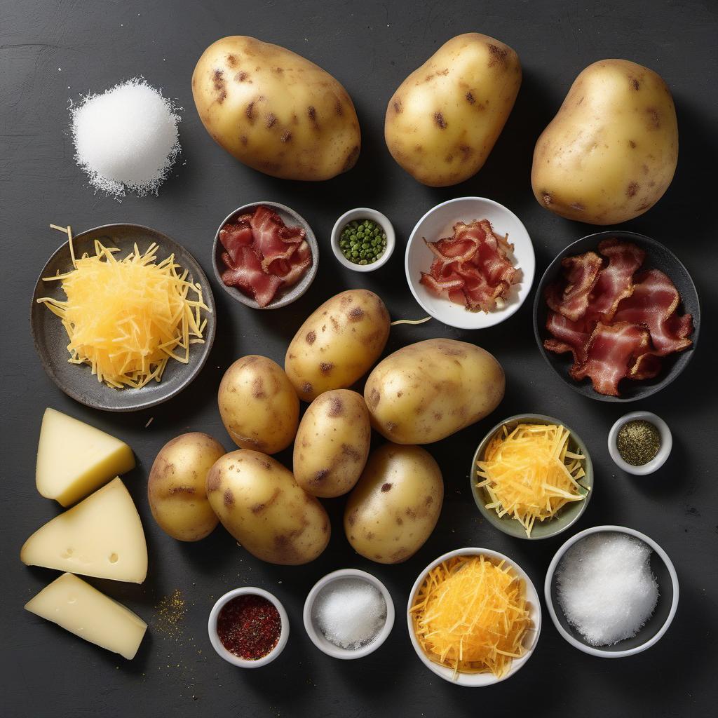 Items needed to answer the question, How do I make cheesy bacon potato skin chips. Items include:  Potatoes  Olive oil  Salt  Pepper  Shredded cheddar cheese  Crispy crumbled bacon