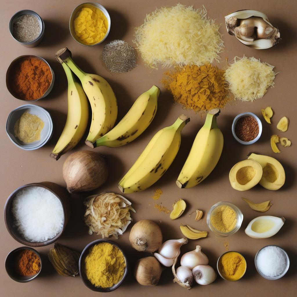 Items needed to answer the question, How do I add a tropical touch to my recipes with Banana Peel Curry. Items include:  Banana peels  Onion  Garlic  Ginger  Curry powder  Turmeric powder  Chili flakes  Coconut milk  Salt and pepper  Fresh cilantro leaves  Lime juice