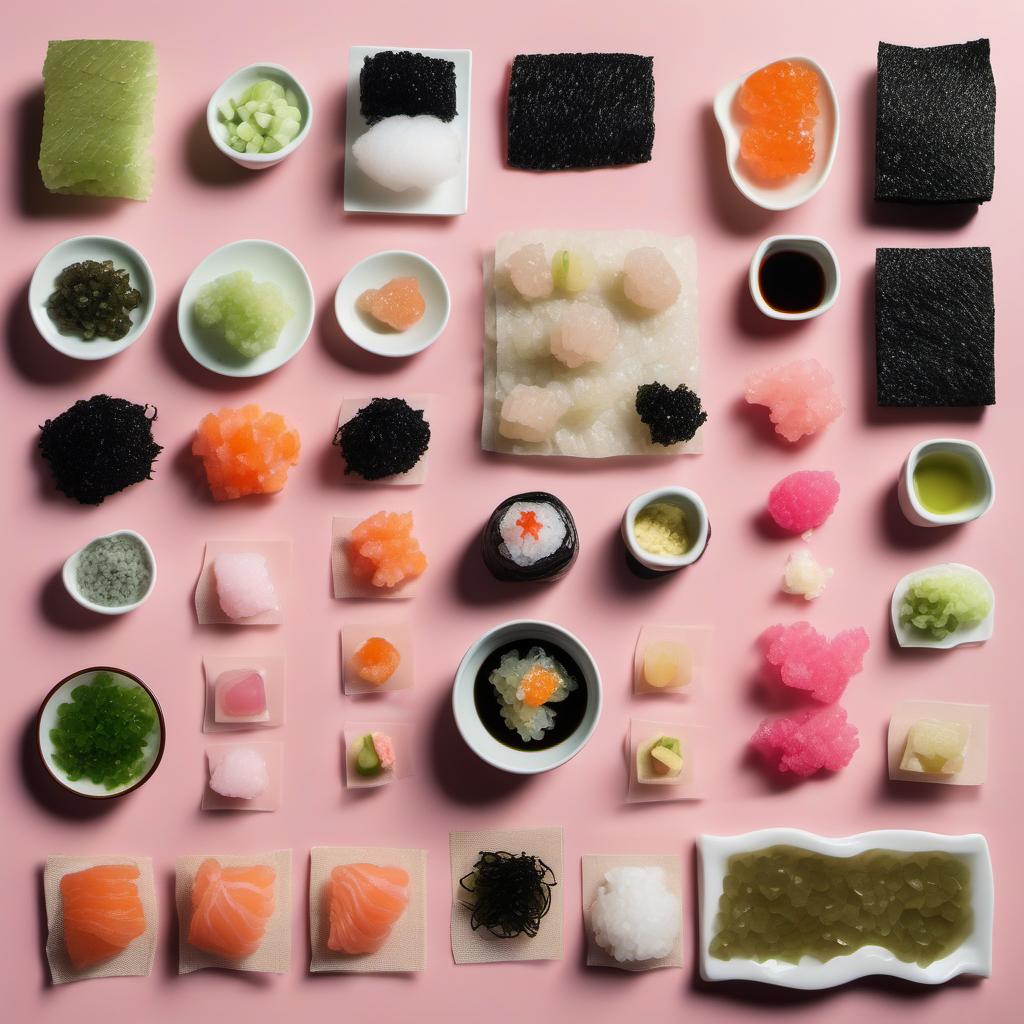 Items needed to answer the question, How do I create Caviar Cotton Candy Sushi. Items include:  Nori sheets  Sushi rice  Cotton candy  Caviar  Soy sauce  Wasabi  Pickled ginger