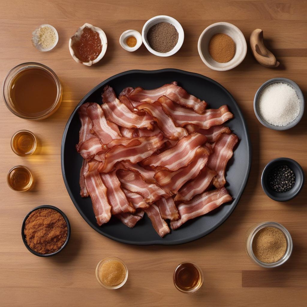 Items needed to answer the question, How do I surprise my guests with Candied Bacon Strips. Items include:  Bacon Strips  Brown Sugar  Maple Syrup  Black Pepper