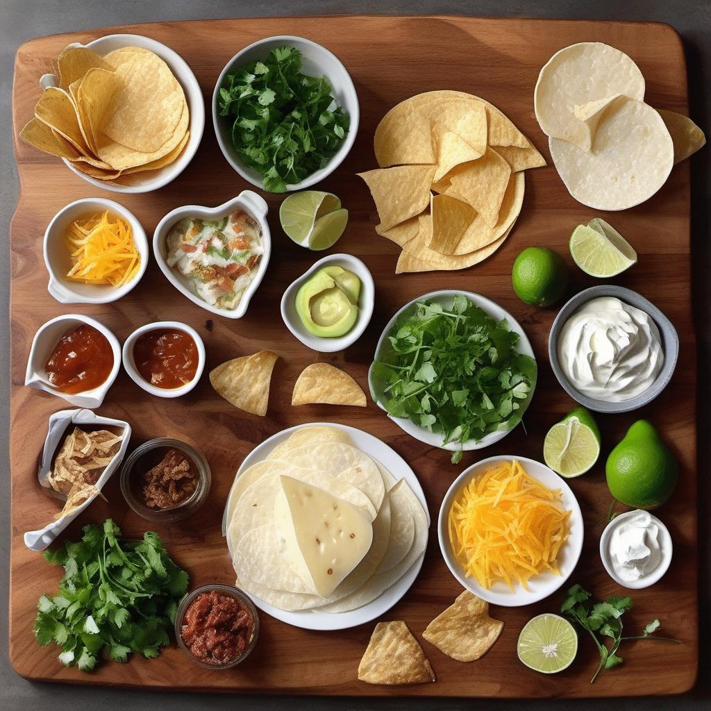 Items needed to answer the question, How do I make Cheesy Duck Confit Nachos. Items include:  Duck Confit  Tortilla chips  Gourmet cheeses  Sour cream  Fresh cilantro  Lime juice