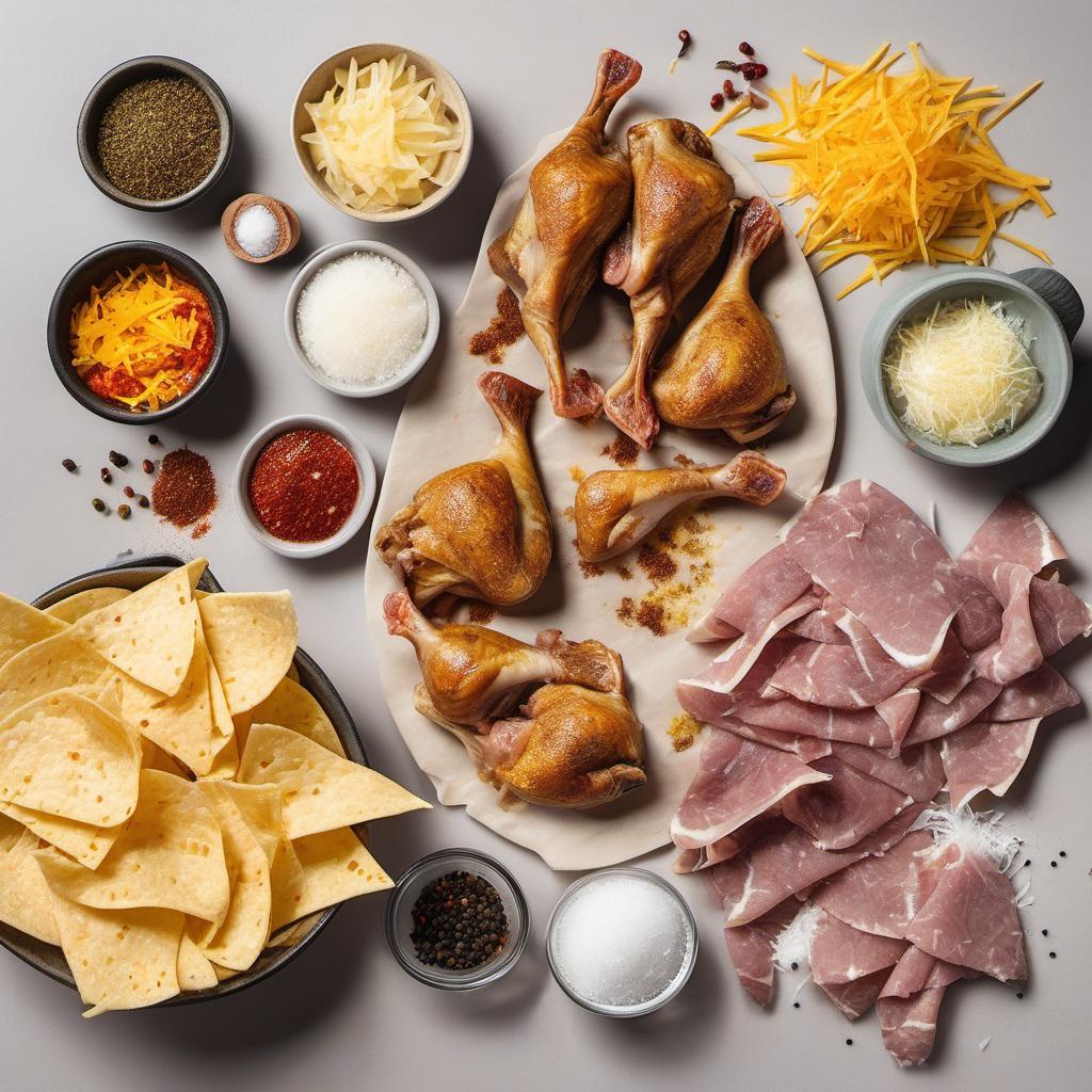 Items needed to answer the question, How do I elevate my nacho game with Duck Confit. Items include:  Duck Legs  Salt  Pepper  Other Spices  Tortilla Chips  Shredded Cheese