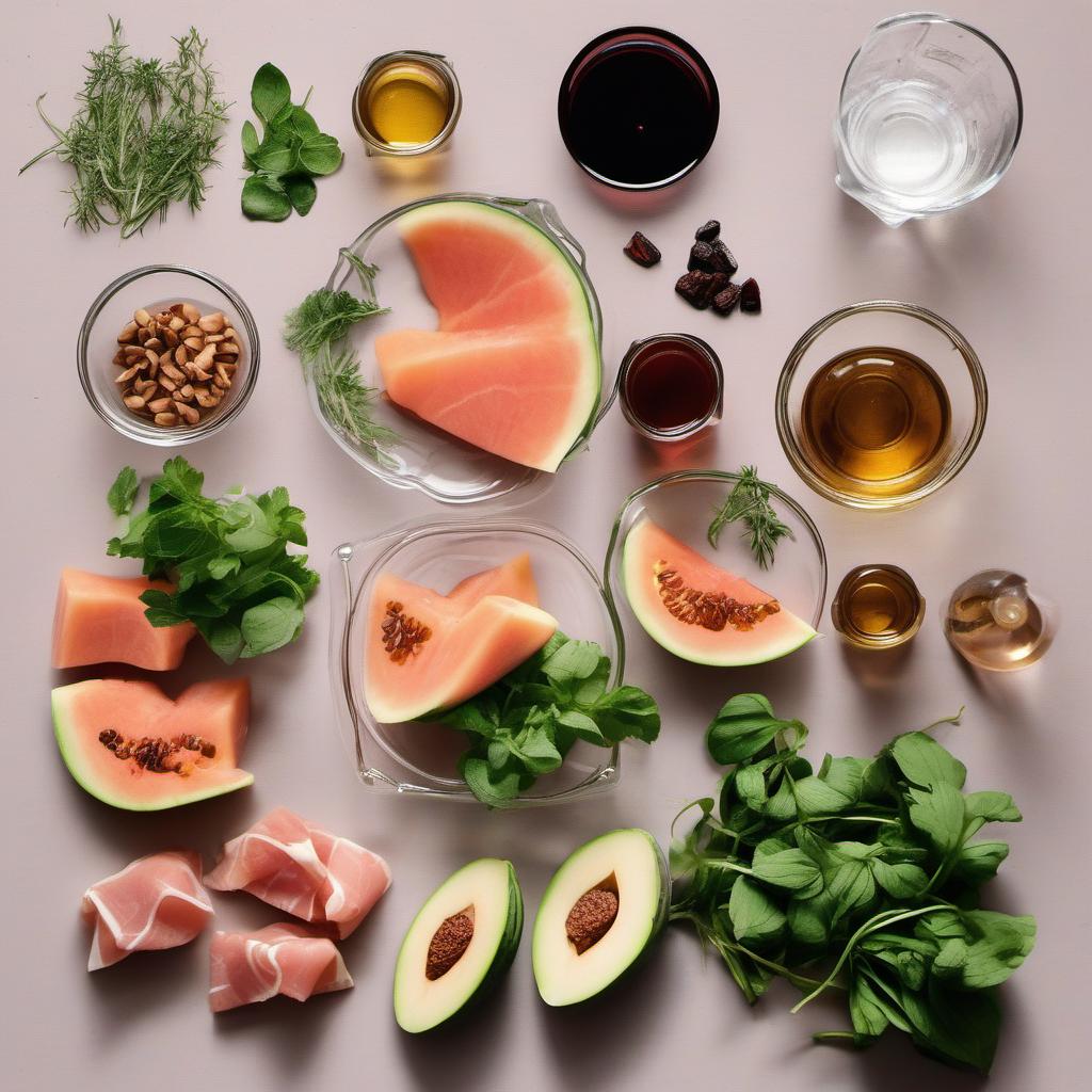 Items needed to answer the question, How do I master the art of Balsamic Caviar for Prosciutto-wrapped Melon. Items include:  balsamic vinegar  water  vegetable oil  melon  prosciutto  fresh herbs