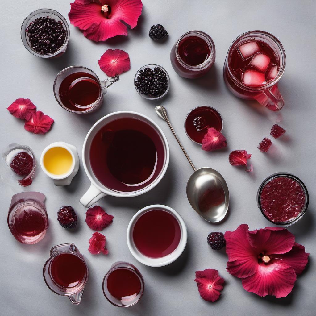 Items needed to answer the question, How do I surprise my guests with Hibiscus and Berry Gelée shooters. Items include:  Hibiscus tea  Sugar  Gelatin  Berry syrup