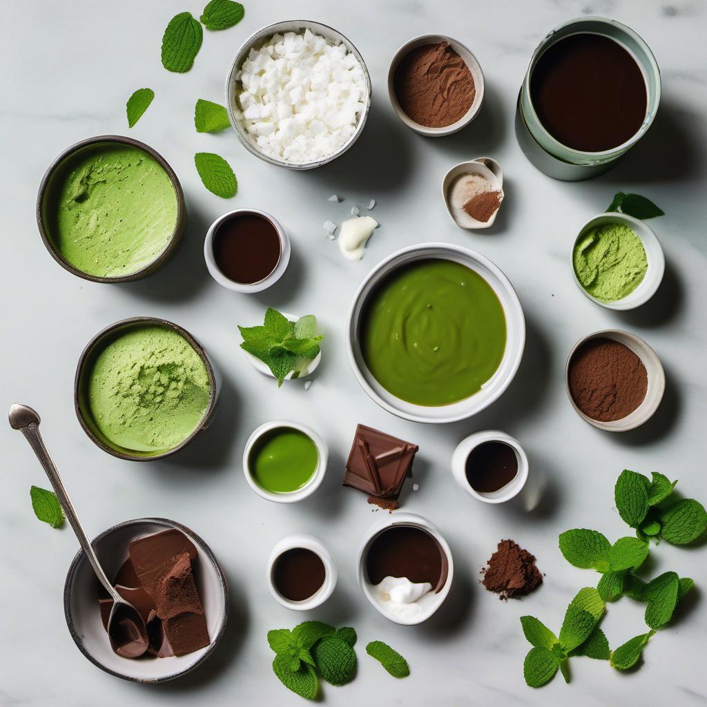 Items needed to answer the question, How do I create a show-stopping Matcha Mint Ice Cream Cake. Items include:  heavy cream  condensed milk  matcha powder  mint extract  chocolate fudge sauce  powdered sugar  vanilla extract  fresh mint leaves  chocolate shavings  matcha powder sprinkle