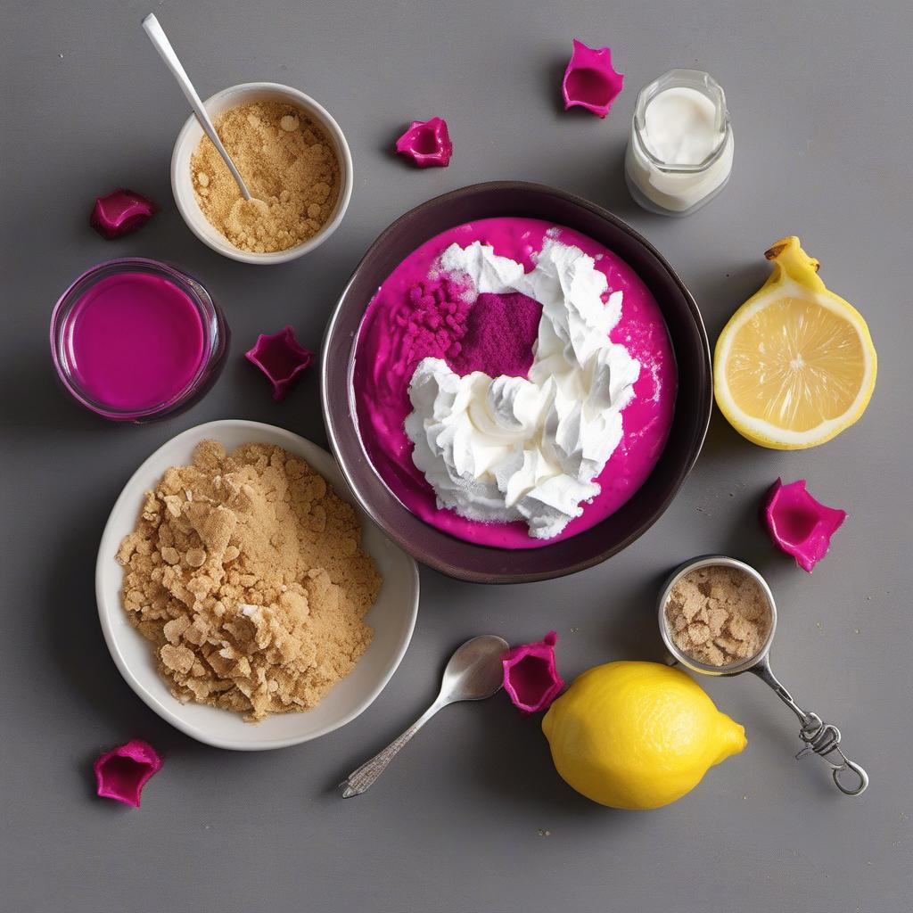 Items needed to answer the question, How do I make Pink Dragonfruit Cheesecake Bars. Items include:  graham cracker crumbs  butter  granulated sugar  dragonfruit puree  cream cheese  powdered sugar  lemon juice