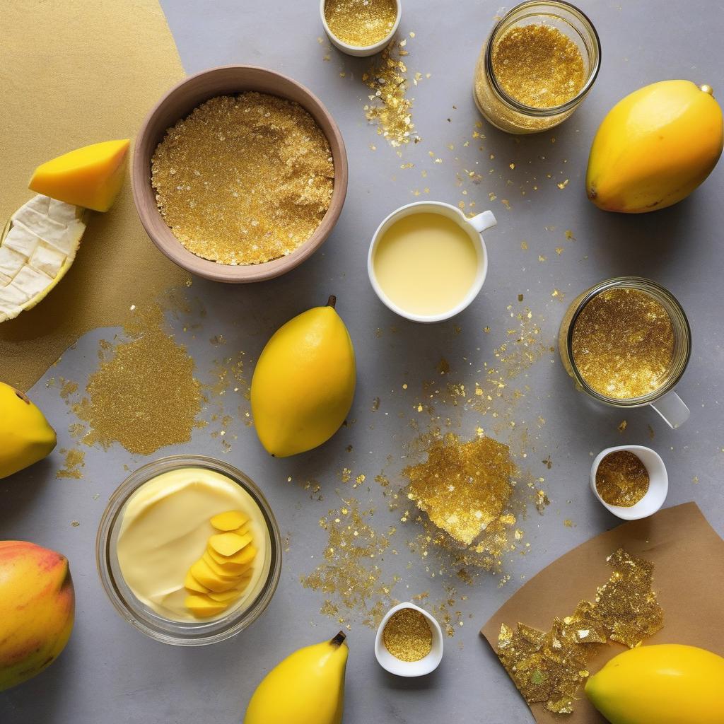 Items needed to answer the question, How do I wow my guests with a Mango Marmalade Tart with Gold Glitter. Items include:  Graham cracker crumbs  Sugar  Butter  Fresh mango chunks  Lemon  Edible gold glitter
