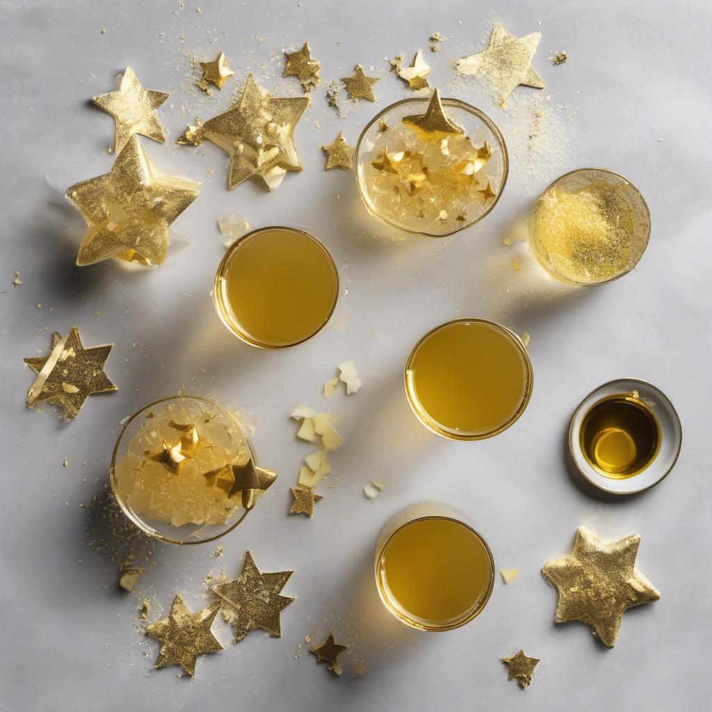 Items needed to answer the question, How do I make Prosecco Jelly with Edible Gold Stars. Items include:  Prosecco  Unflavored Gelatin  Sugar  Vanilla Extract  Edible Gold Stars