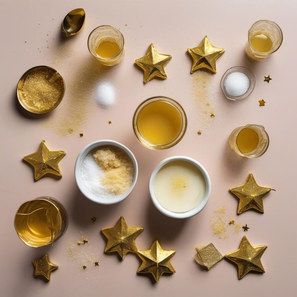 Items needed to answer the question, How do I impress my guests with Prosecco Jelly. Items include:  Prosecco  Sugar  Gelatin sheets or powdered gelatin  Salt  Edible gold stars