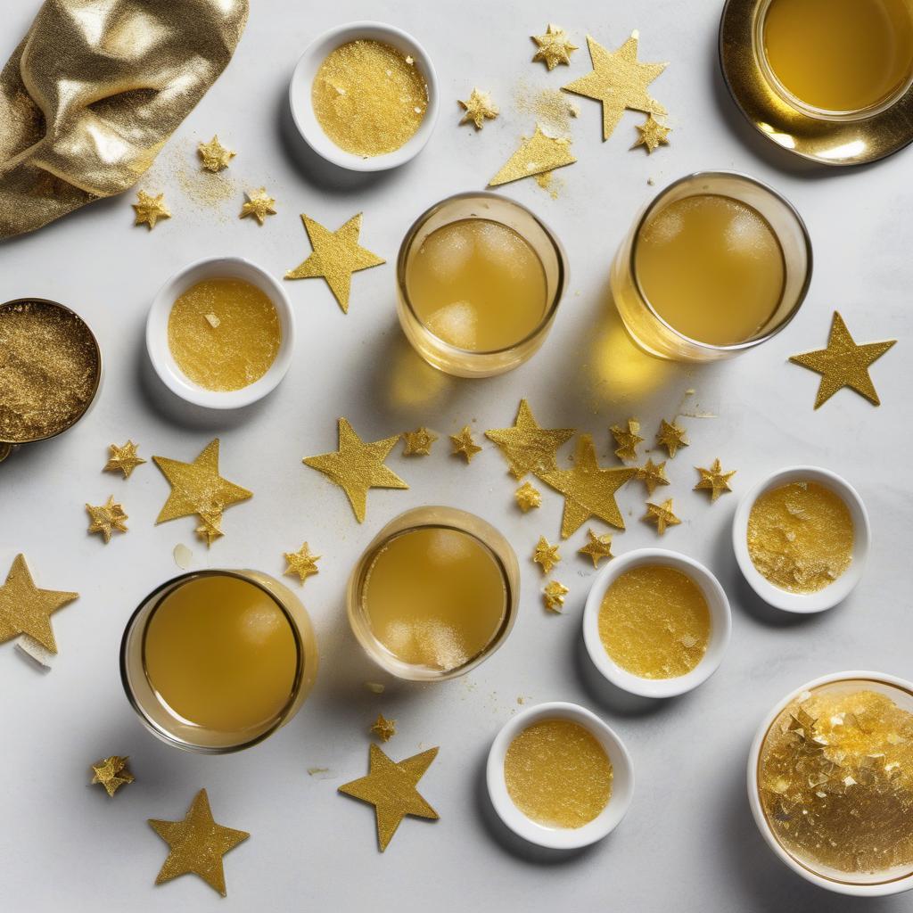 Items needed to answer the question, How do I add some sparkle to my dessert with Prosecco Jelly. Items include:  Prosecco  Powdered Gelatin  Sugar  Edible Gold Stars