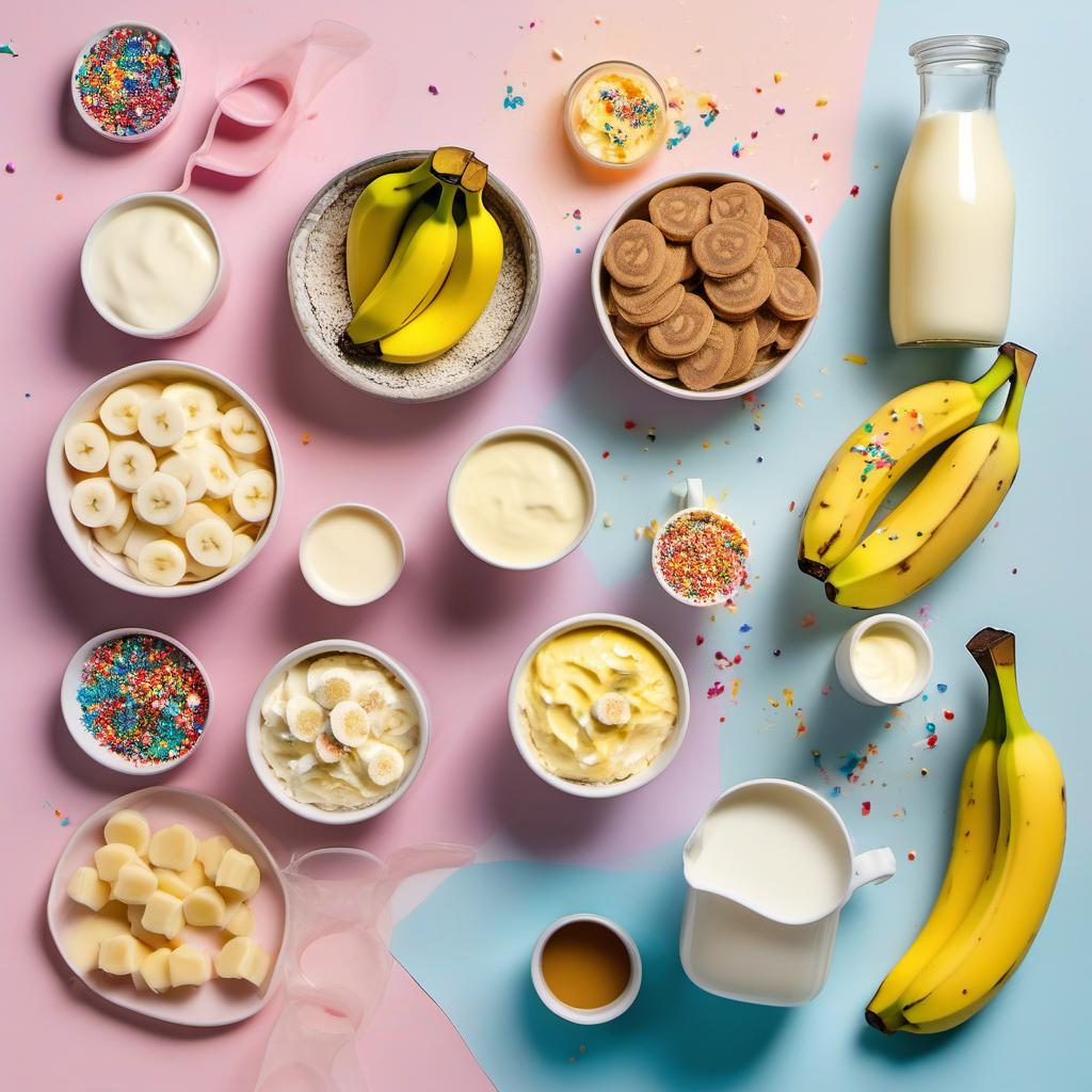 Items needed to answer the question, How do I make Warhol-inspired Banana Pudding. Items include:  ripe bananas  vanilla pudding mix  milk  whipped topping  vanilla wafers  food coloring  sprinkles