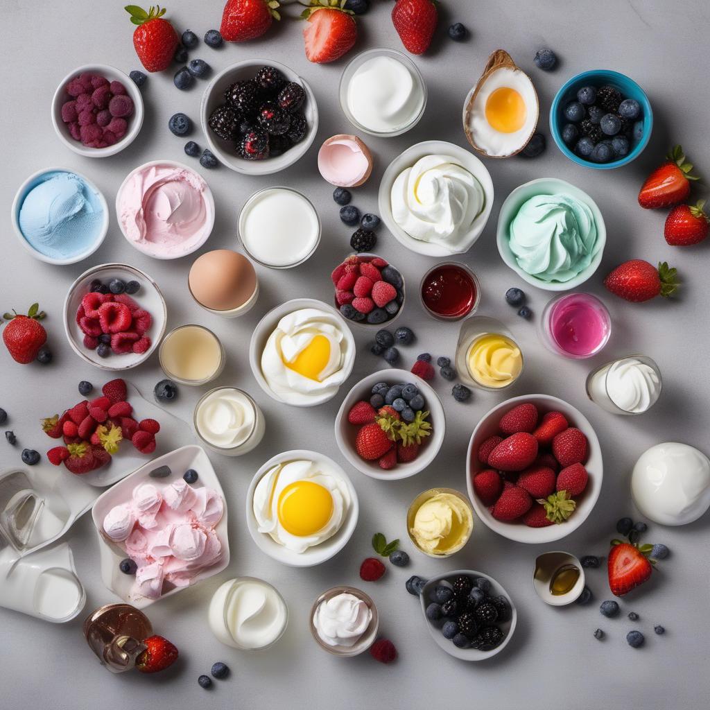 Items needed to answer the question, How do I master the art of Swirl Meringue Kisses with Berry Centers. Items include:  Egg whites  Caster sugar  Cream of tartar  Vanilla extract  Gel food coloring  Assorted berries