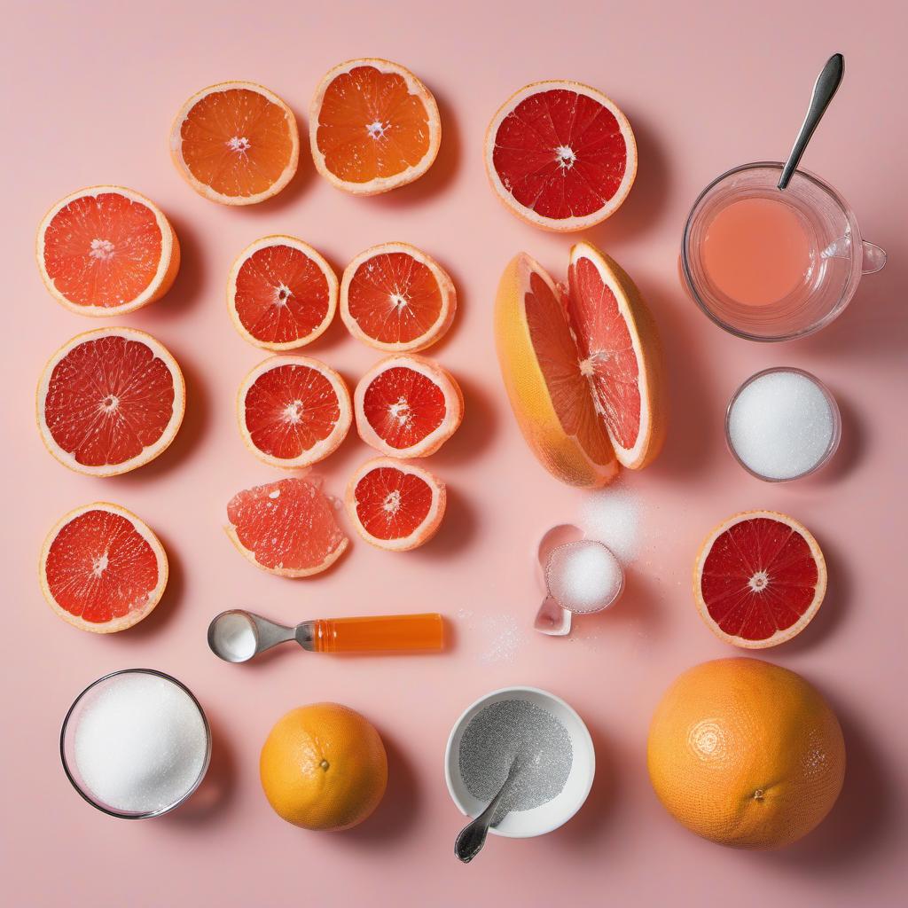 Items needed to answer the question, How do I make Glittery Grapefruit Gumdrops. Items include:  grapefruits  sugar  water  corn syrup  grapefruit juice  gelatin  edible glitter  powdered sugar