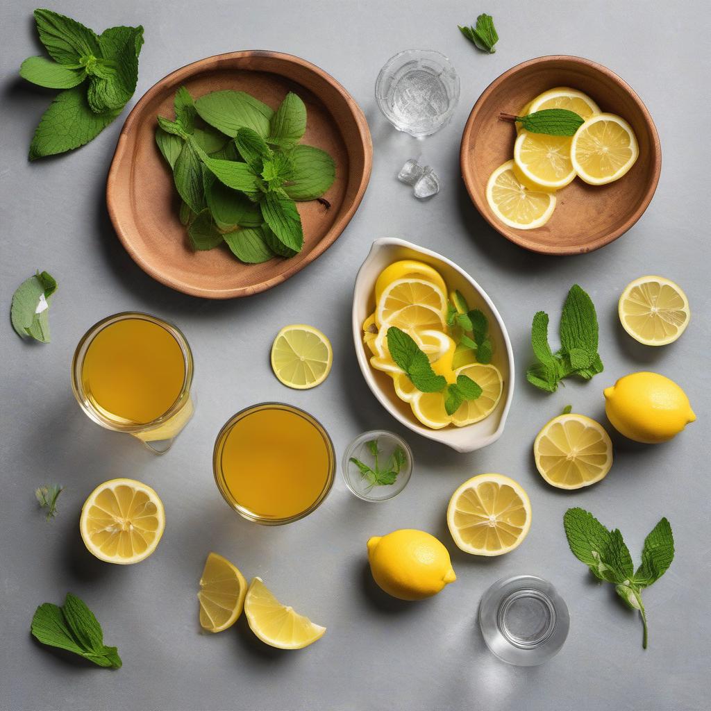 Items needed to answer the question, How do I create a fancy twist to Sparkling Saffron Lemonade. Items include:  Saffron strands  Hot water  Fresh lemons  Sugar  Cold water  Chilled sparkling water  Lemon slices (for garnish)  Fresh mint sprig (for garnish)