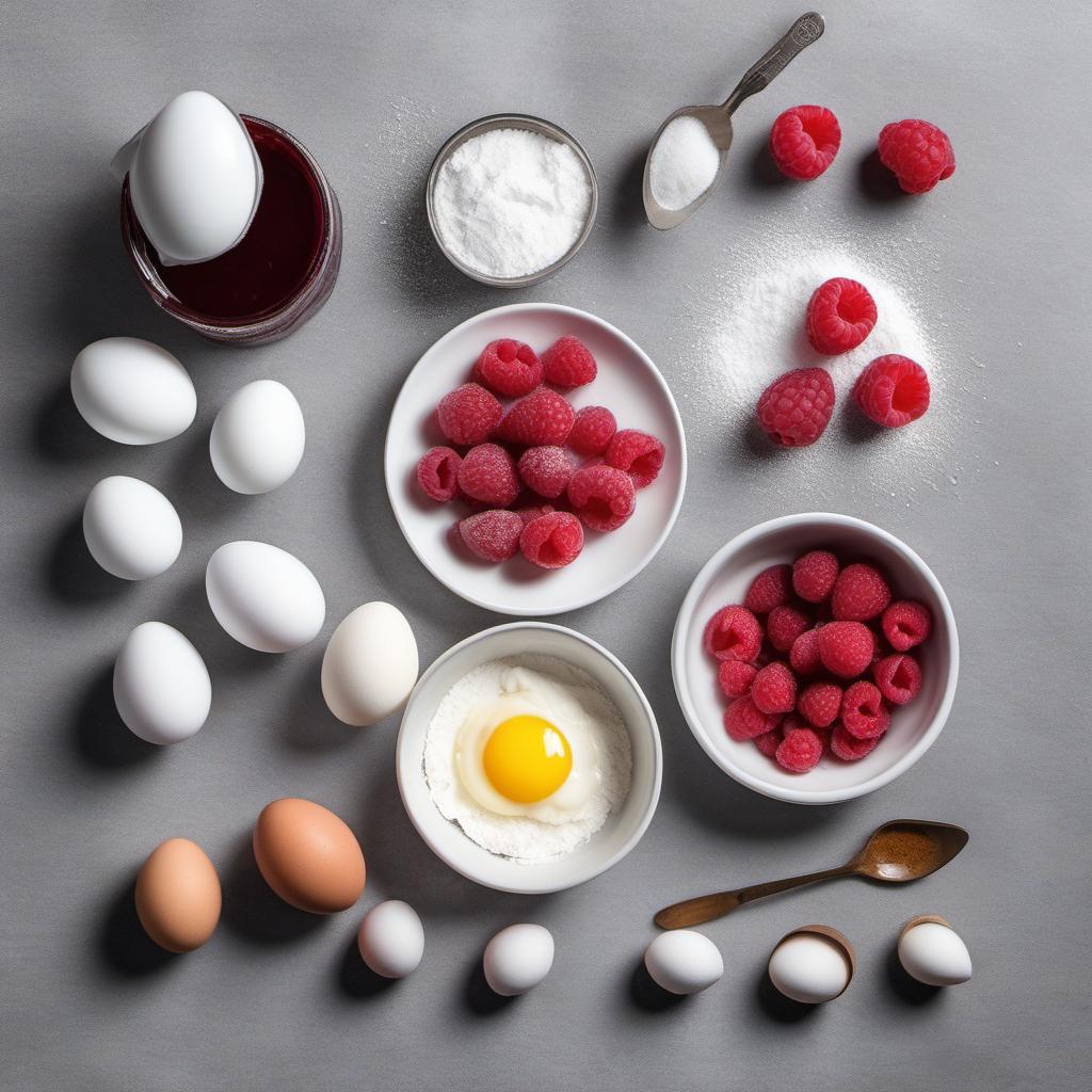 Items needed to answer the question, How do I make a Retro Raspberry Roulade. Items include:  Eggs  Sugar  All-purpose flour  Baking powder  Salt  Raspberry jam  Fresh raspberries  Powdered sugar
