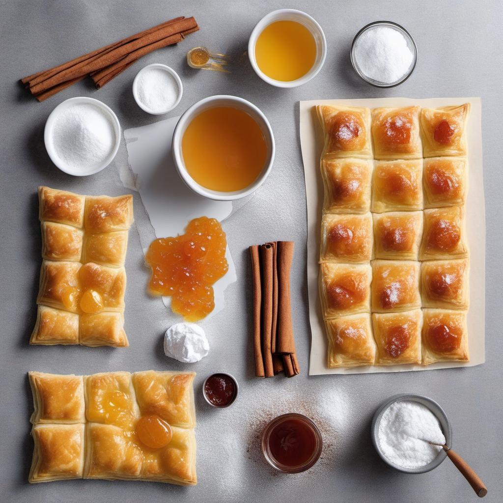 Items needed to answer the question, How do I get creative with Art Deco Apricot Danishes. Items include:  Puff Pastry Sheets  Apricot Preserves  Honey  Cinnamon  Powdered Sugar