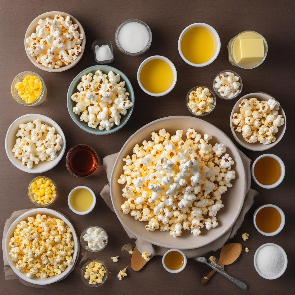Items needed to answer the question, How do I surprise my friends with Crystal Caramel Candy Popcorn. Items include:  Popcorn  Unsalted Butter  Granulated Sugar  Light Corn Syrup  Salt  Pure Vanilla Extract