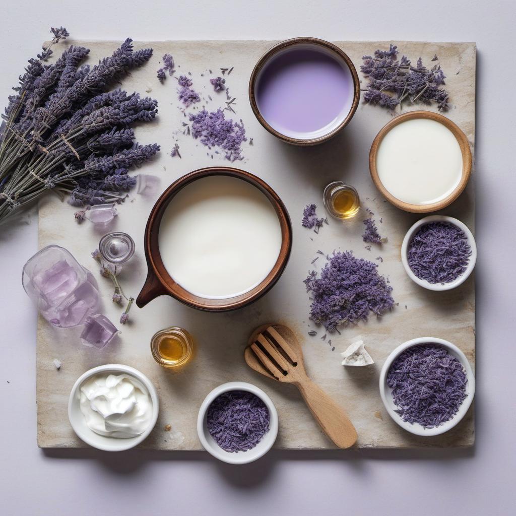 Items needed to answer the question, How do I make a layered lavender lassi. Items include:  Milk  Dried culinary lavender  Honey or sweetener  Yogurt  Ice cubes  Purple food coloring  Dried culinary lavender flowers (for garnish)