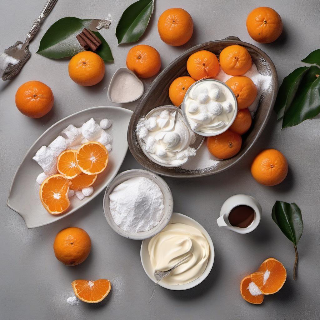 Items needed to answer the question, How do I make a Tangerine Tiramisu Cake. Items include:  Tangerines  Mascarpone Cheese  Heavy Cream  Powdered Sugar  Ladyfingers  Cocoa Powder