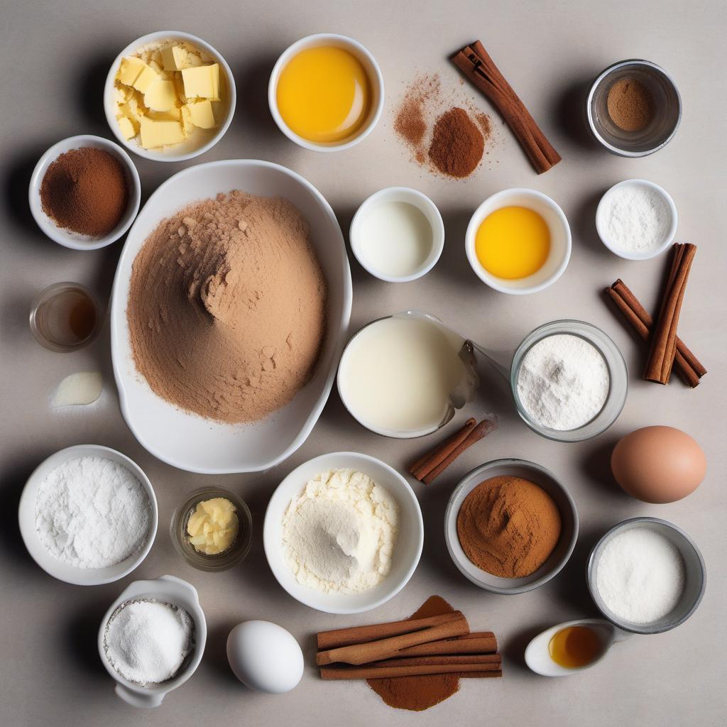 Items needed to answer the question, How do I bake a Segmented Spiced Sponge Cake. Items include:  Flour  Sugar  Eggs  Butter  Milk  Baking Powder  Cinnamon  Nutmeg  Cloves  Salt