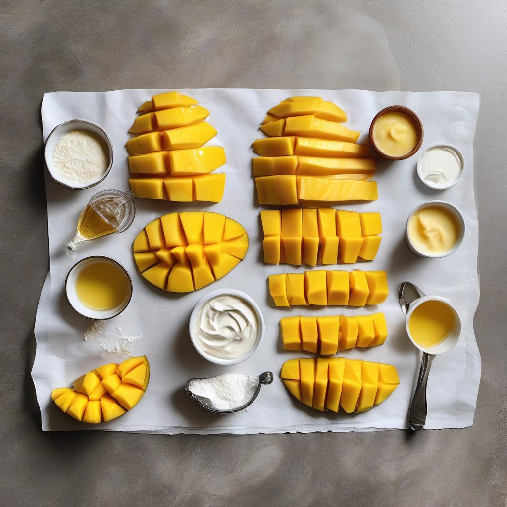 Items needed to answer the question, How do I make a Multi-Mango Mille-Feuille. Items include:  Mango  Heavy Cream  Powdered Sugar  Vanilla Extract  Puff Pastry Sheet