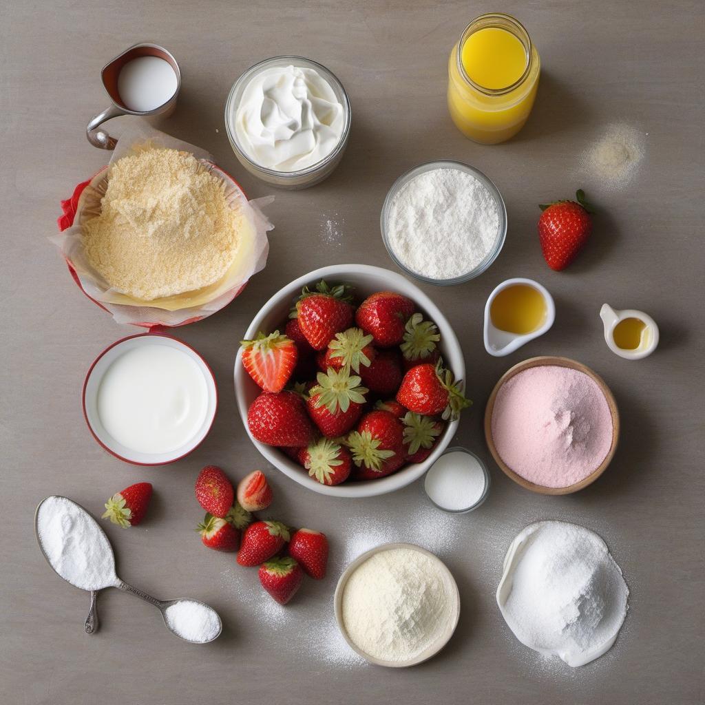 Items needed to answer the question, How do I whip up a heavenly stratified strawberry shortcake. Items include:  Strawberries  Heavy cream  Powdered sugar  Vanilla extract  All-purpose flour  Granulated sugar  Baking powder  Salt  Milk  Vegetable oil  Eggs