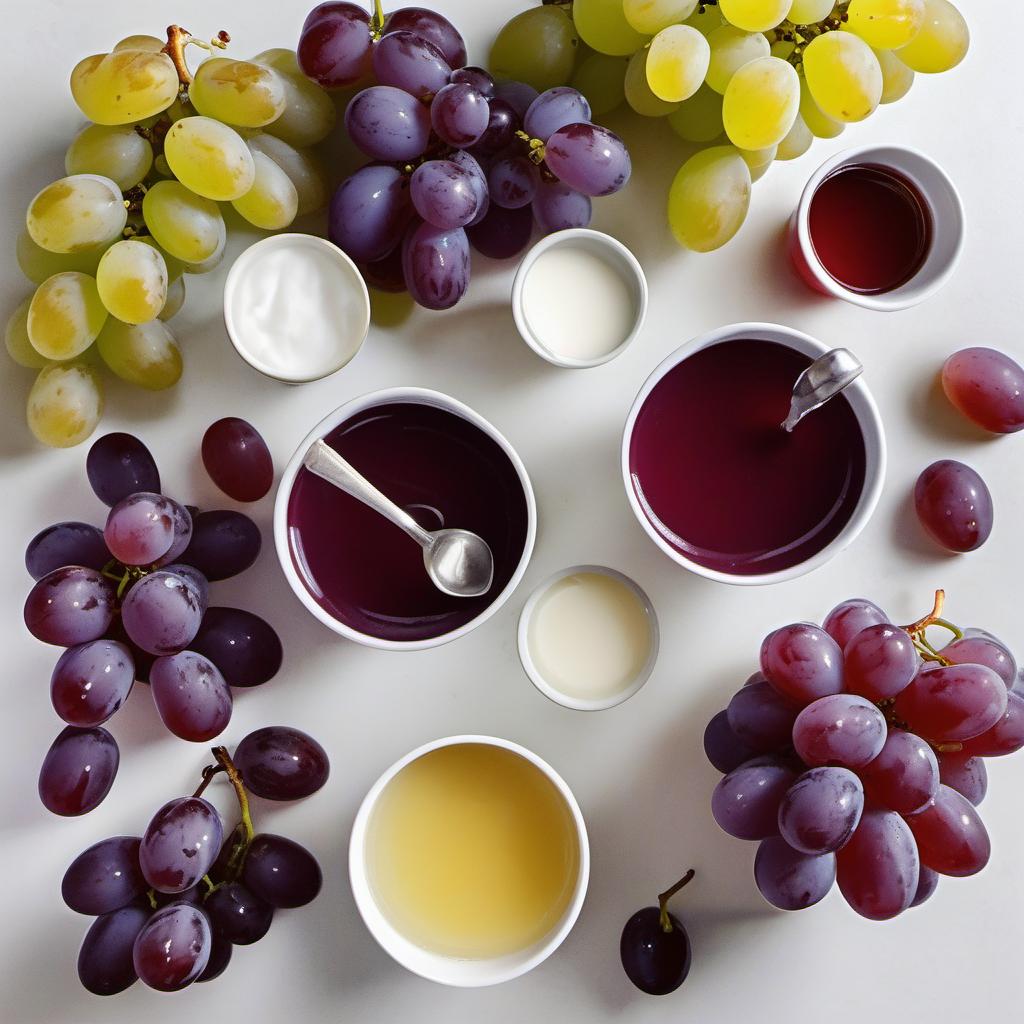 Items needed to answer the question, How do I create a whimsical Gossamer Grape Gelato Wrap dessert. Items include:  Grape juice  Heavy cream  Sugar  Fresh seedless grapes