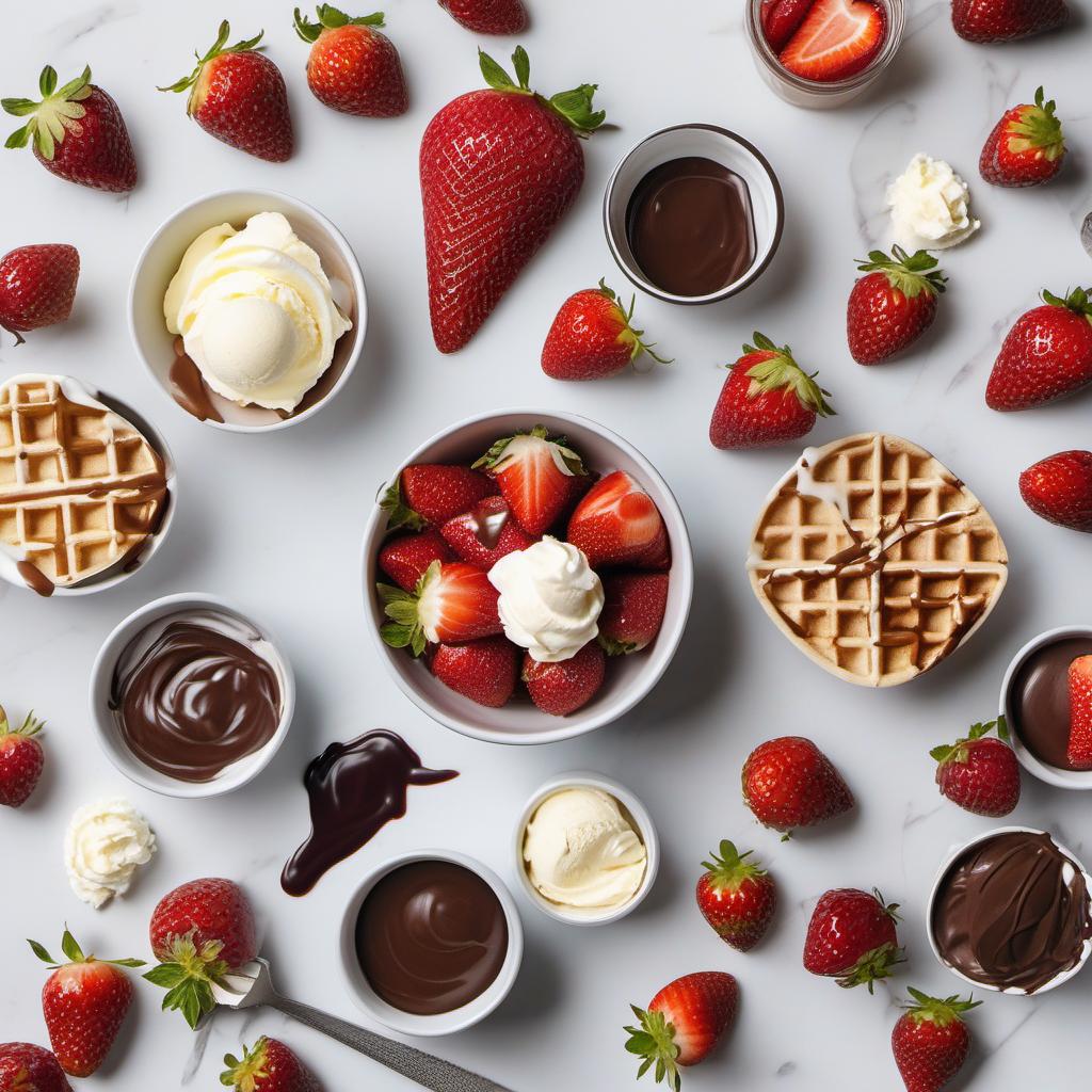 Items needed to answer the question, How do I create a Silvery Strawberry Sundae Bar. Items include:  Fresh Strawberries  Vanilla Ice Cream  Chocolate Sauce  Whipped Cream  Sprinkles  Waffle Cones or Bowls