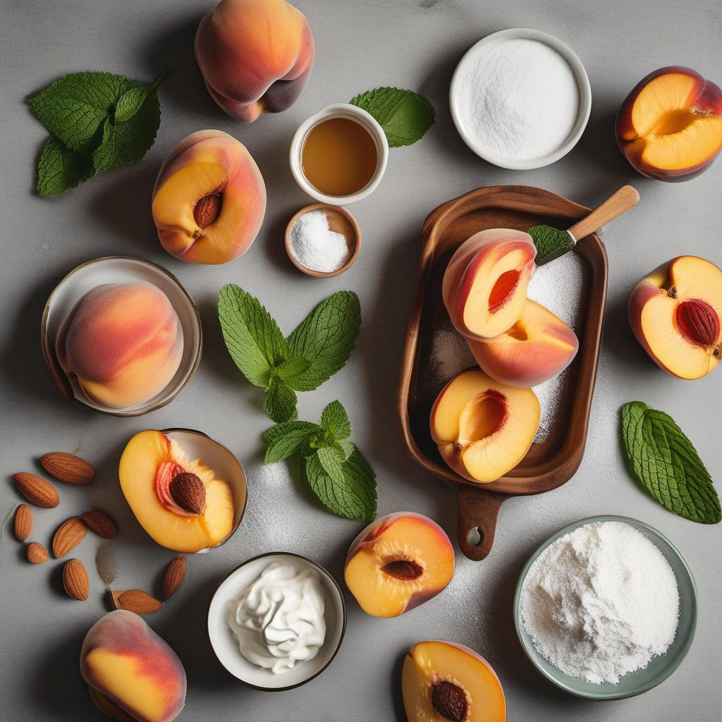 Items needed to answer the question, How do I make Polished Peach Parfaits. Items include:  Peaches  Heavy cream  Sugar  Powdered sugar  Graham crackers  Honey  Mint leaves  Toasted almond slivers