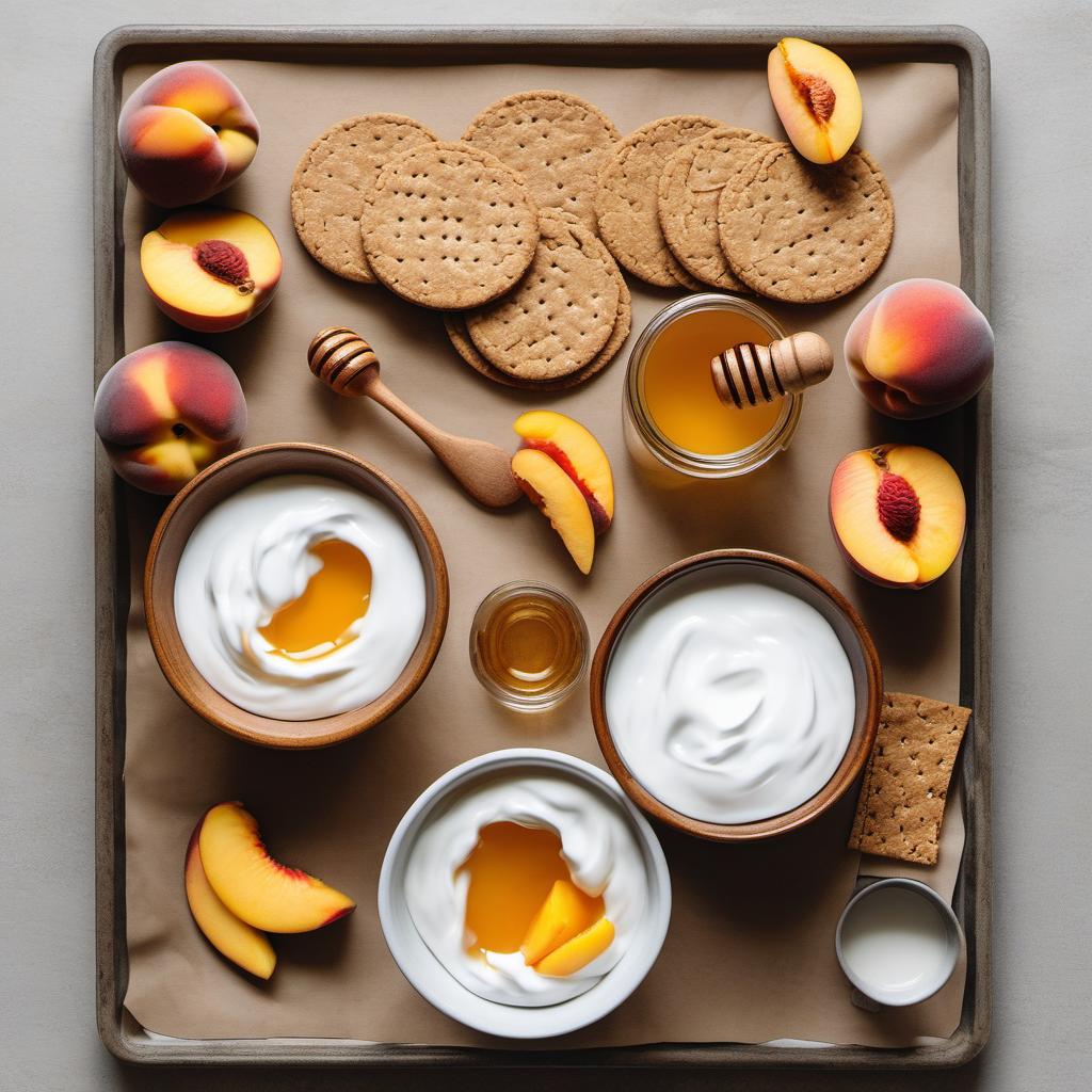 Items needed to answer the question, How do I wow with Polished Peach Parfaits. Items include:  Fresh Peaches  Greek Yogurt  Honey  Vanilla Extract  Crushed Graham Crackers