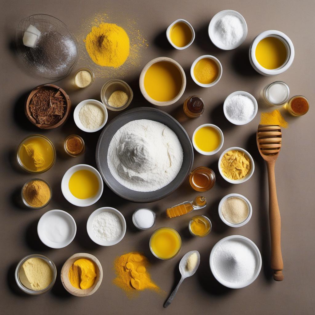 Items needed to answer the question, How do I bake Tropical Turmeric Tartlets. Items include:  all-purpose flour  powdered sugar  ground turmeric  salt  unsalted butter  coconut milk  honey  cornstarch  vanilla extract