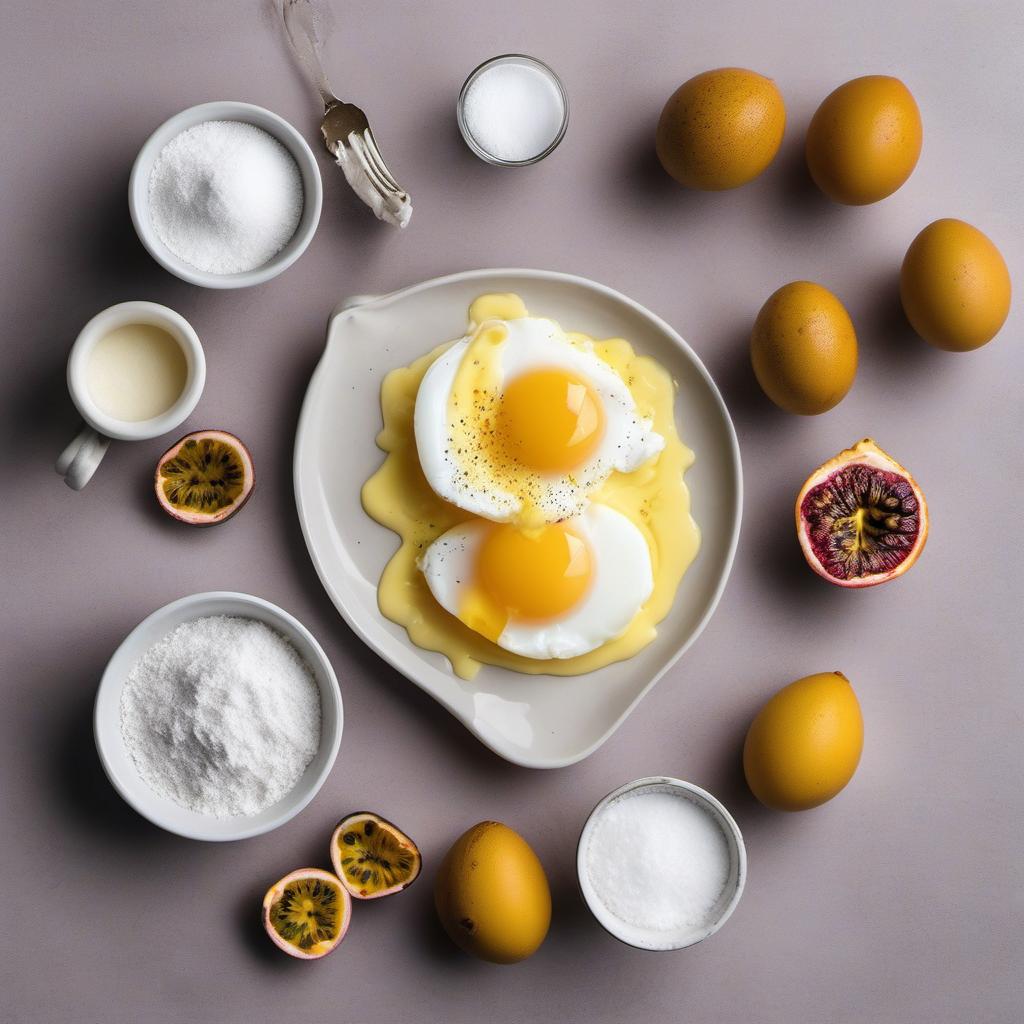 Items needed to answer the question, How do I create a Polynesian-inspired Pavlova with a Passionfruit twist. Items include:  Egg whites  Granulated sugar  Salt  Passionfruits  Powdered sugar