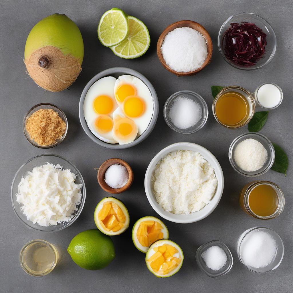 Items needed to answer the question, How do I make Caribbean Coconut Crepes with a tropical twist. Items include:  all-purpose flour  sugar  salt  coconut milk  water  eggs  butter  tropical fruits  honey  lime juice  shredded coconut