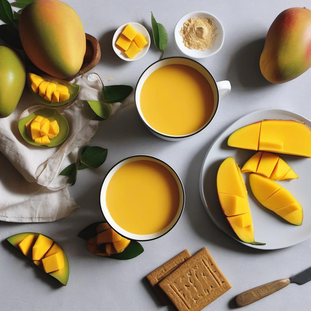 Items needed to answer the question, How do I create a show-stopping Maldivian Mango Mousse cake. Items include:  fresh mangoes  heavy cream  powdered sugar  digestive biscuits  unsalted butter