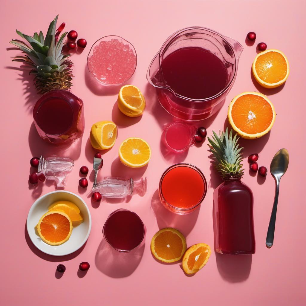 Items needed to answer the question, How do I make a Cosmic Cranberry Cooler Mocktail. Items include:  Cranberry juice  Pineapple juice  Orange juice  Grenadine syrup  Ice cubes