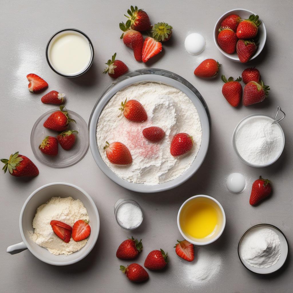 Items needed to answer the question, How do I create a magical Stardust Strawberry Spritz cake. Items include:  Flour  Granulated Sugar  Baking Powder  Salt  Unsalted Butter  Eggs  Milk  Vanilla Extract  Fresh Strawberries  Edible Glitter