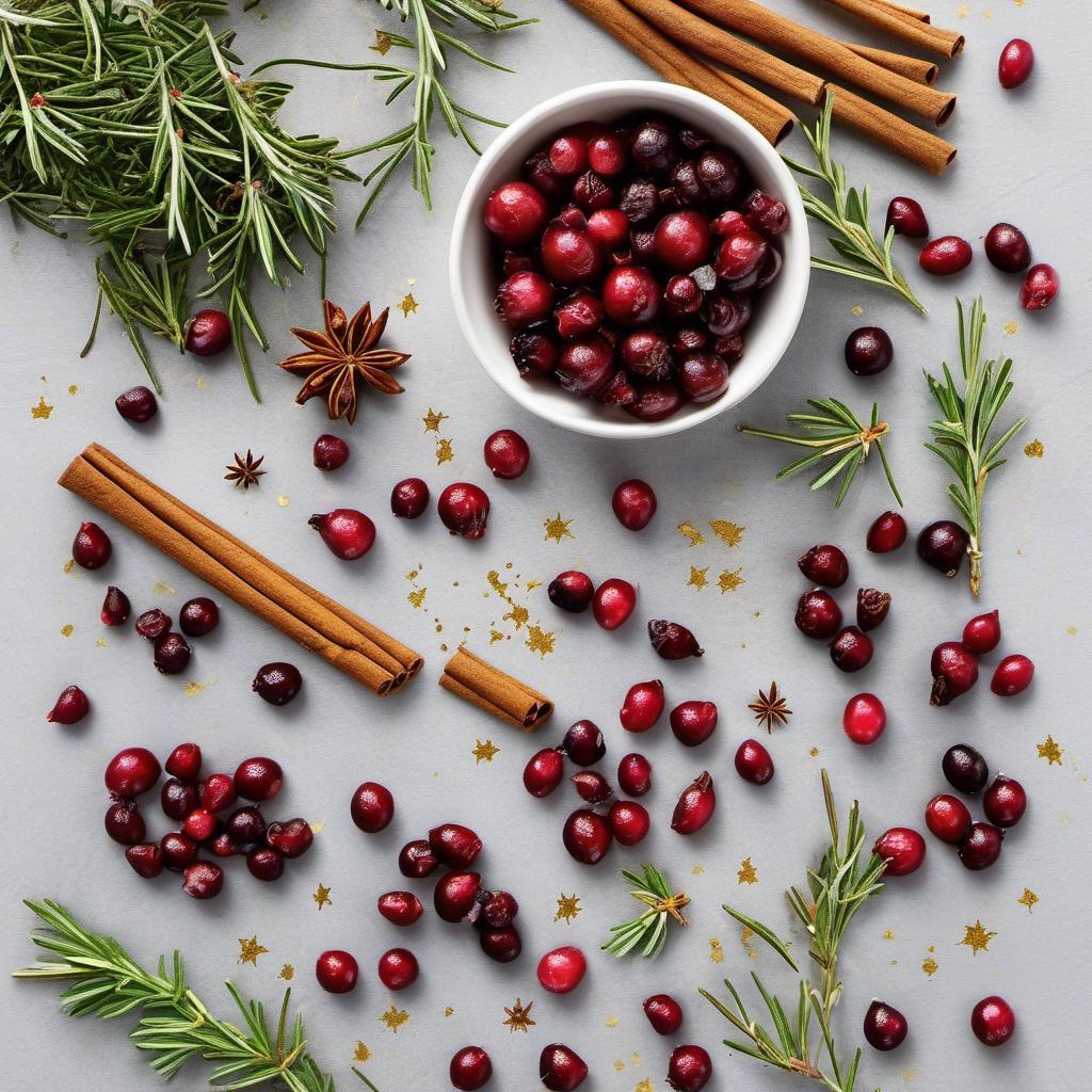 Items needed to answer the question, How do I garnish White Winter Whiskey Sours with winter magic. Items include:  fresh cranberries  rosemary sprigs  star anise  cinnamon sticks  edible glitter or gold sugar