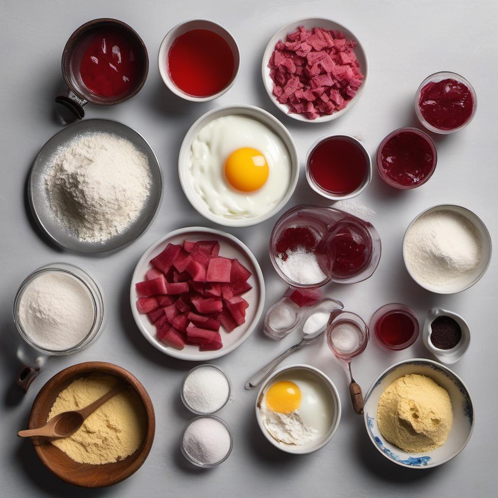 Items needed to answer the question, How do I bake Ruby Red Rhubarb Rum muffins. Items include:  all-purpose flour  granulated sugar  baking powder  salt  butter  milk  eggs  rum  ruby red rhubarb