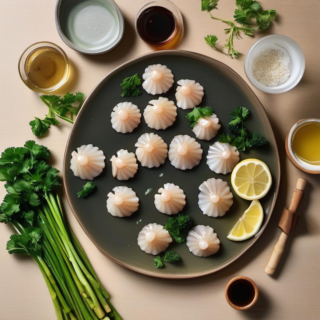 Items needed to answer the question, How do I cook Silvered Sage Sake-infused scallops. Items include:  Scallops  Silvered Sage Sake  Soy sauce  Garlic cloves  Honey  Lemon  Fresh parsley