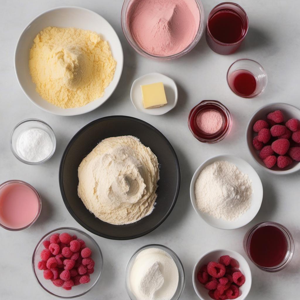 Items needed to answer the question, How do I make Rotated Raspberry Rosé cupcakes. Items include:  All-Purpose Flour  Baking Powder  Salt  Unsalted Butter  Granulated Sugar  Eggs  Raspberry Puree  Rosé  Vanilla Extract  Whole Milk