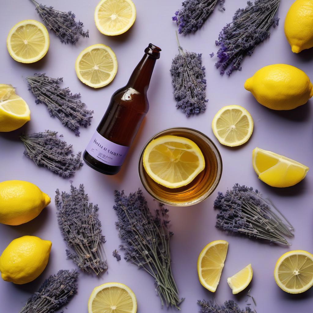 Items needed to answer the question, How do I create a unique Lavender Lemonade Lager cocktail. Items include:  Lager beer  Dried culinary lavender  Lemons  Sugar  Fresh lavender sprigs