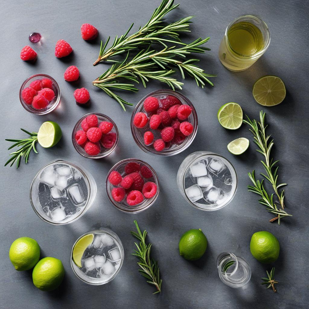 Items needed to answer the question, How do I make Rosemary Raspberry Rickey cocktail. Items include:  fresh rosemary sprigs  fresh raspberries  lime juice  simple syrup  gin  soda water  ice cubes