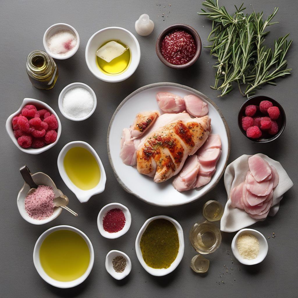 Items needed to answer the question, How do I grill Rosemary Raspberry Rickey chicken skewers. Items include:  Chicken breast  Olive oil  Rosemary  Raspberry vinegar  Garlic powder  Salt  Pepper