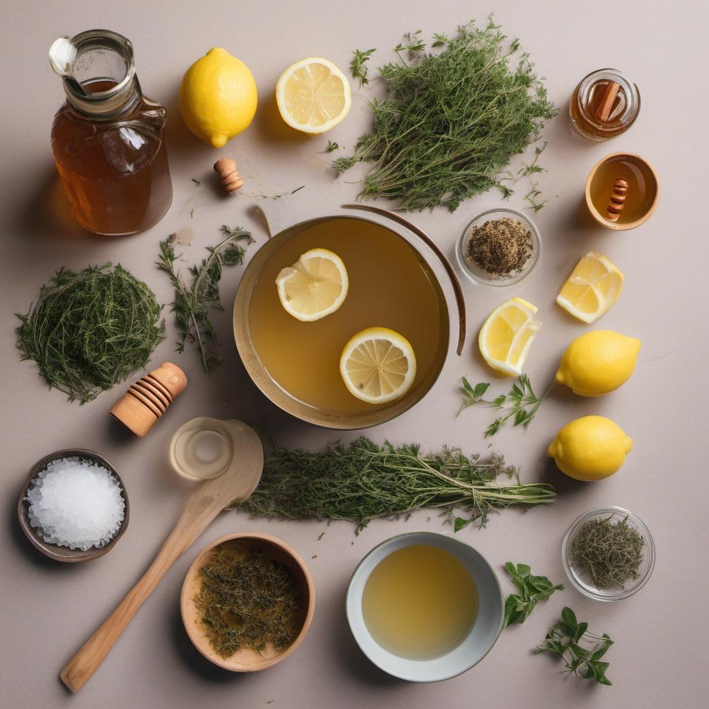 Items needed to answer the question, How do I make Thyme Tamarind Tonic. Items include:  water  thyme sprigs  tamarind pulp  warm water  honey  lemon  ice cubes