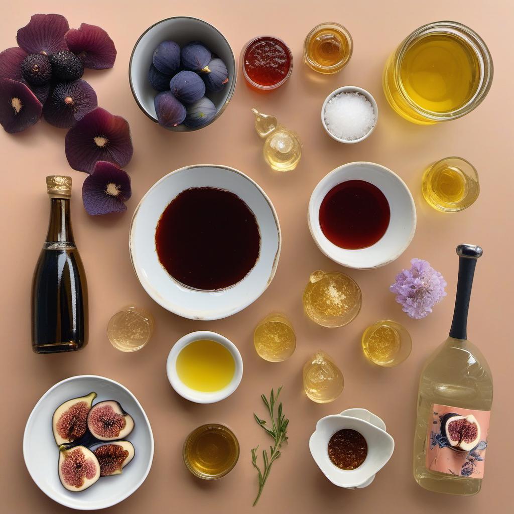 Items needed to answer the question, How do I prepare a Floral Fig Fizz Salad Dressing. Items include:  Fig jam  Champagne vinegar  Sparkling water  Edible flowers  Olive oil  Salt  Pepper