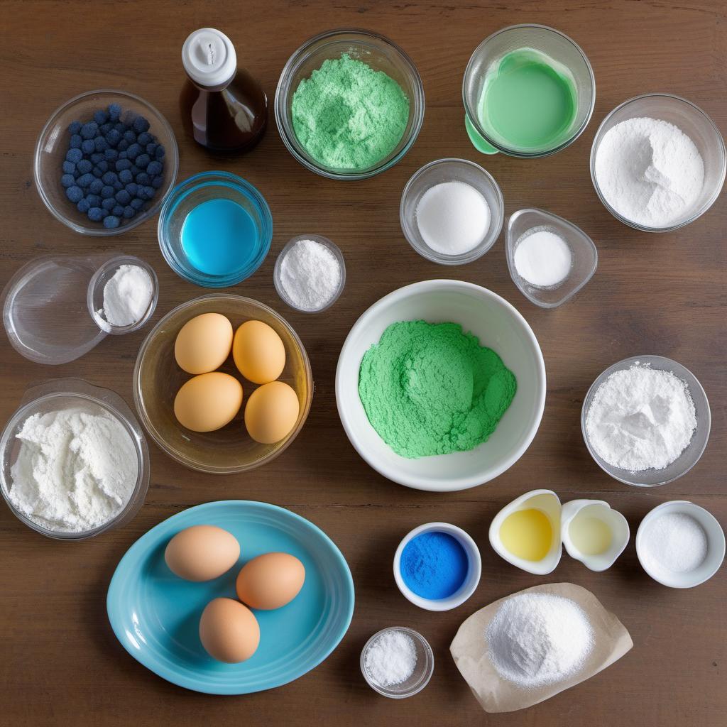 Items needed to answer the question, How do I bake Banded Blue Lagoon cupcakes. Items include:  all-purpose flour  granulated sugar  baking powder  salt  unsalted butter  large eggs  milk  vanilla extract  blue food coloring  green food coloring  powdered sugar  lime juice  pineapple